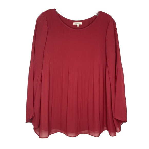 Max Studio Blouse Women Large Red Long Sleeve Pleated Flowy Scoop Neck - Picture 1 of 5
